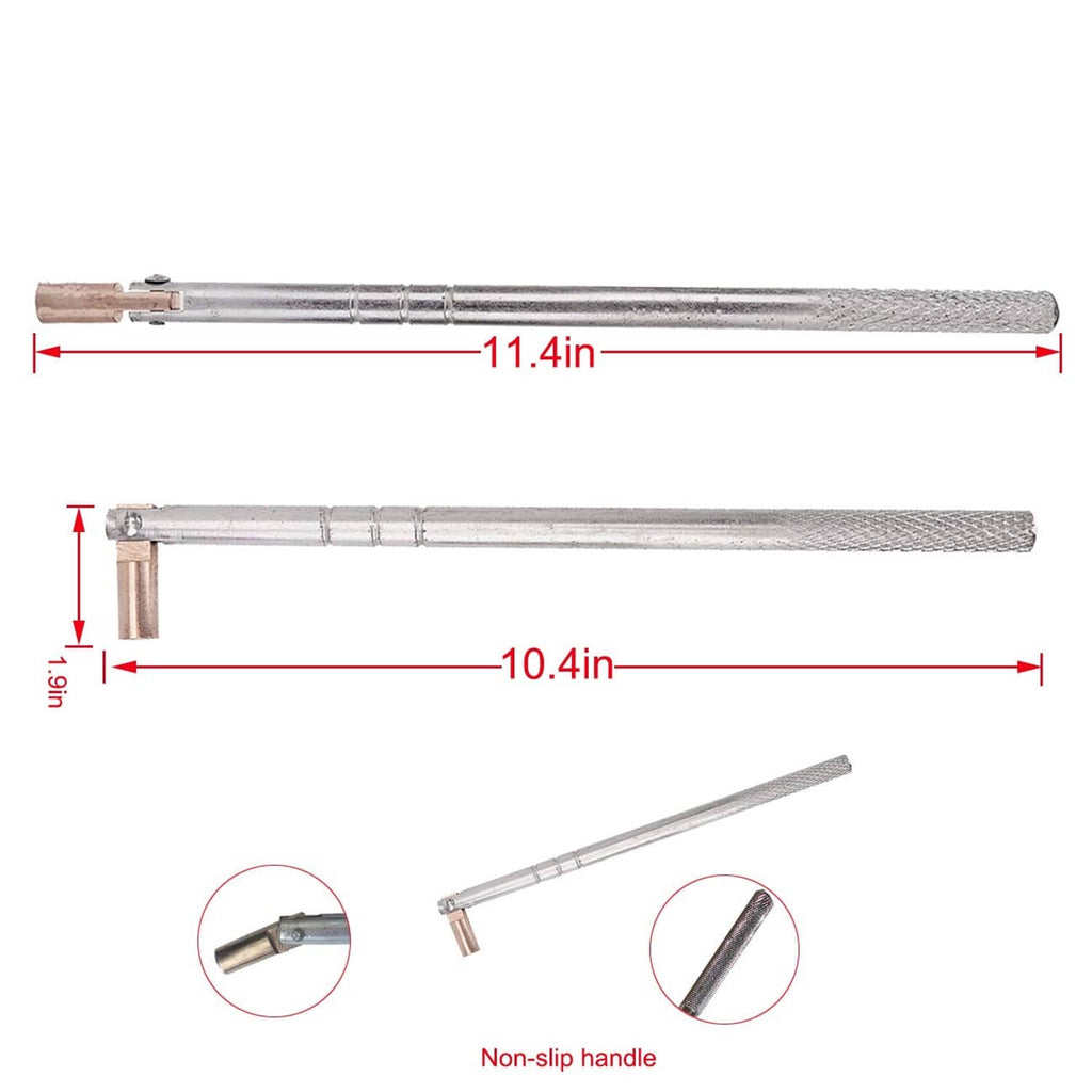 Tire valve stem tool size diagram with 11.4 in and 10.4 in lengths and non-slip grip