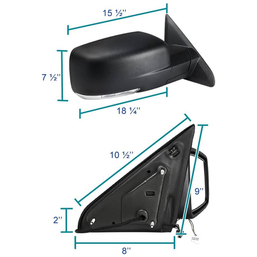 Black side mirror with manual folding mechanism and mounting points; size diagram