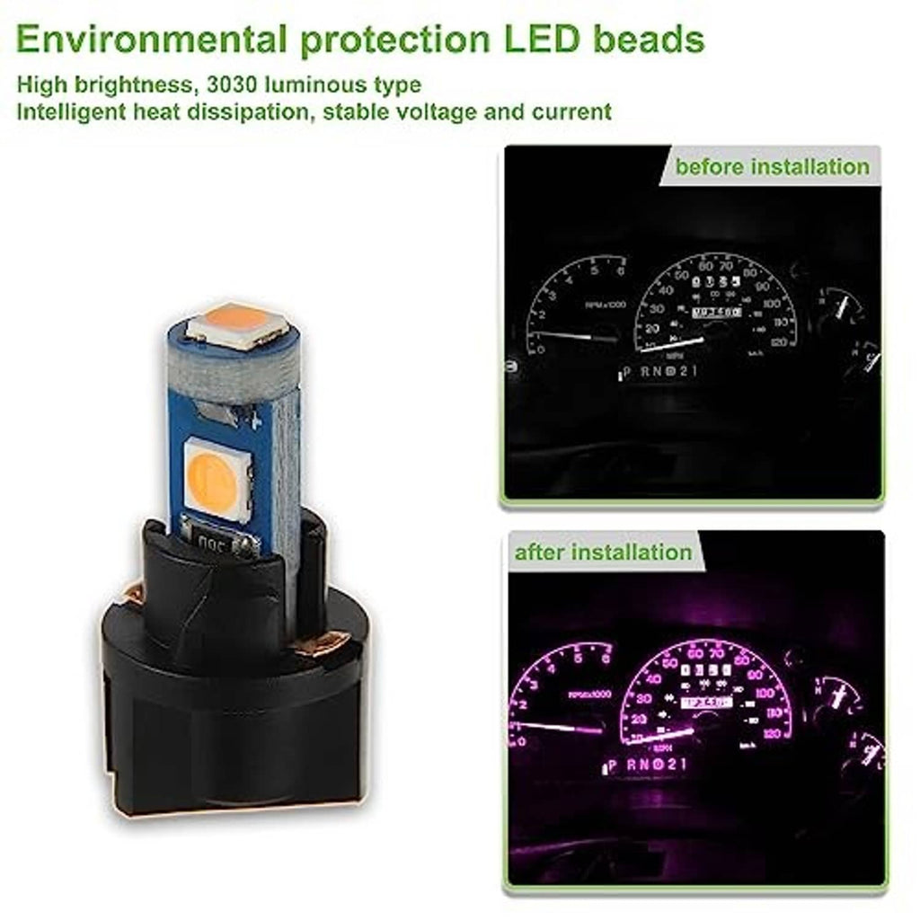 T5 LED bead bulb with blue module and orange LED chip, shown before and after