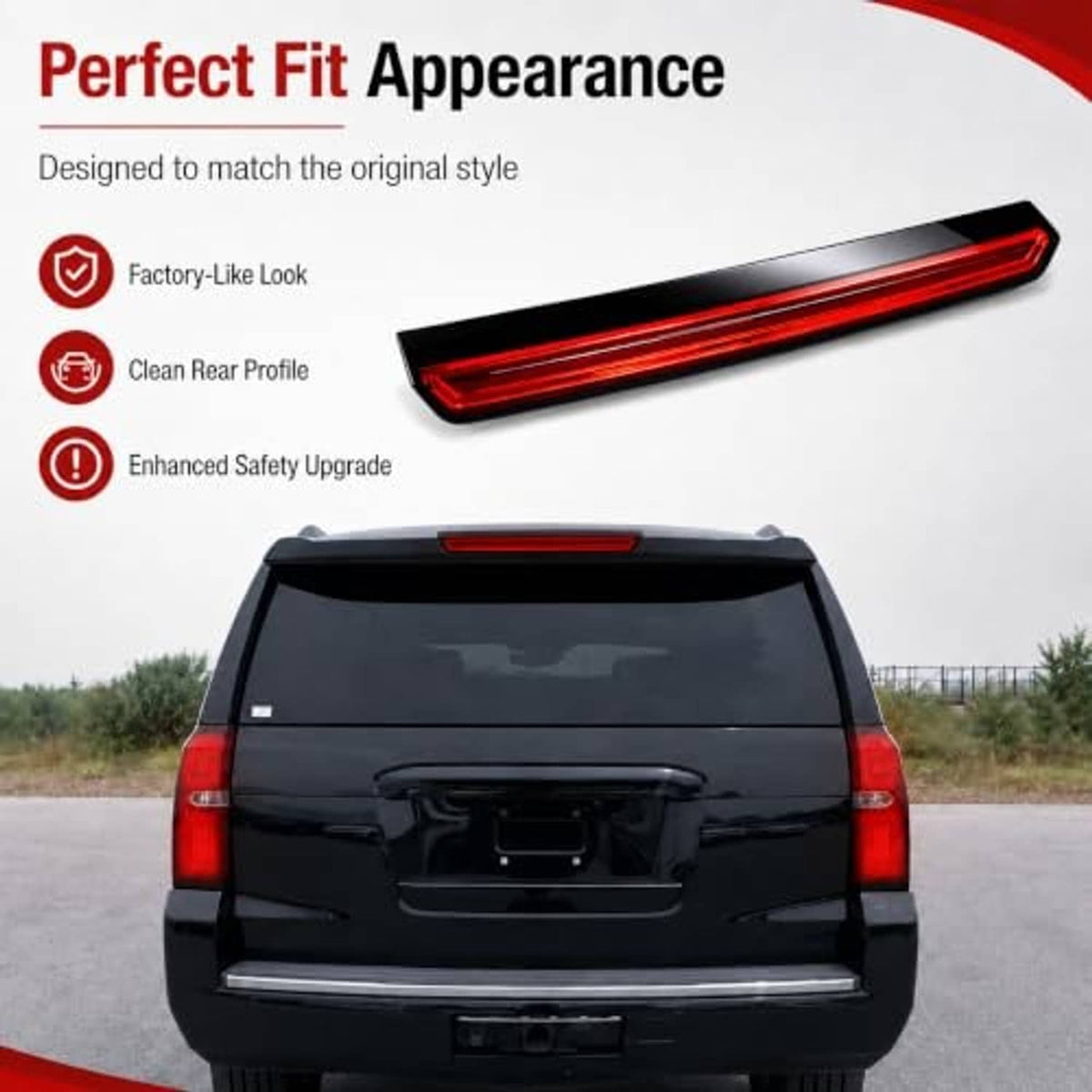 LED 3rd brake light installed on vehicle rear hatch, red light bar