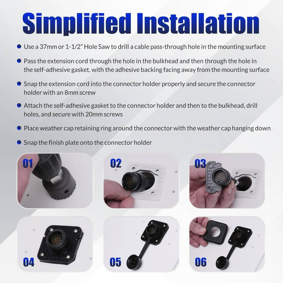 Bulkhead connector kit installation guide with connector holder, gasket, and screws
