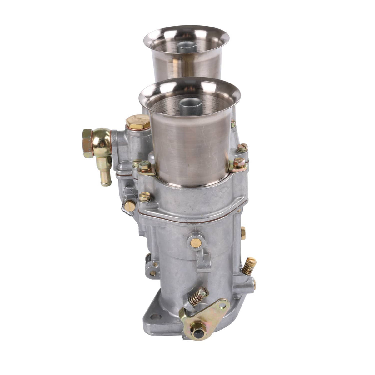 Weber 48IDA carburetor with two ports, fuel fittings, and metal housing