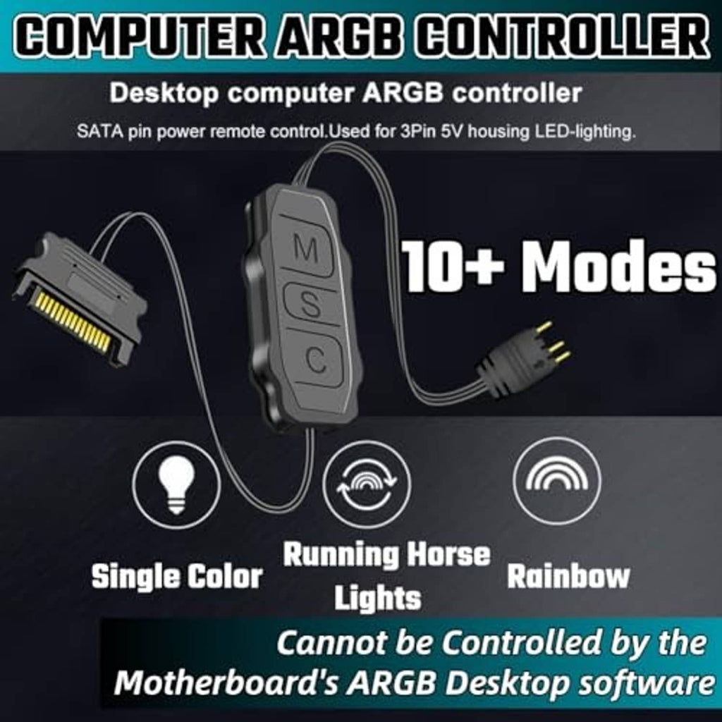 Computer ARGB controller with connected cables and inline 3-pin RGB output