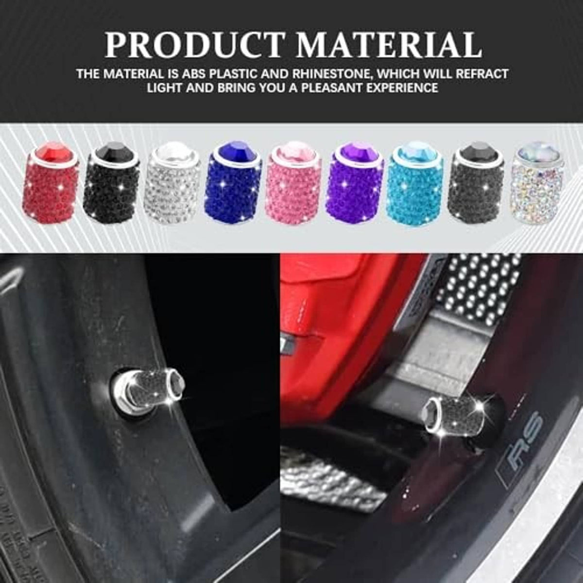 Rhinestone-look tire valve stem caps shown in multiple colors with metal tops