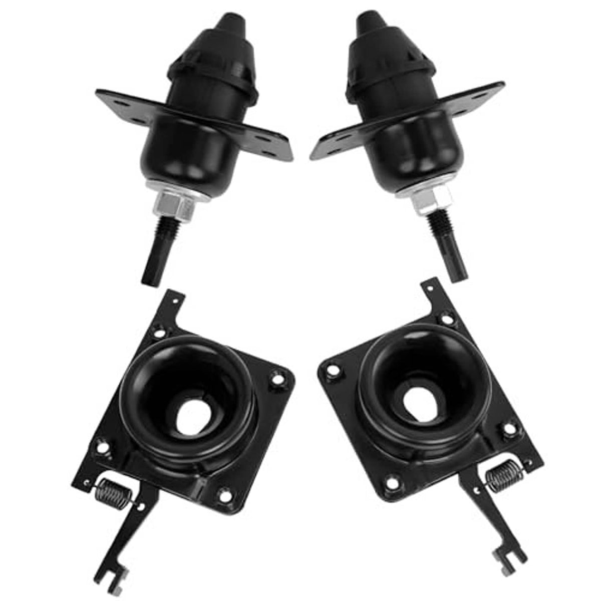 Two black hood release latches with threaded bolts and base plates