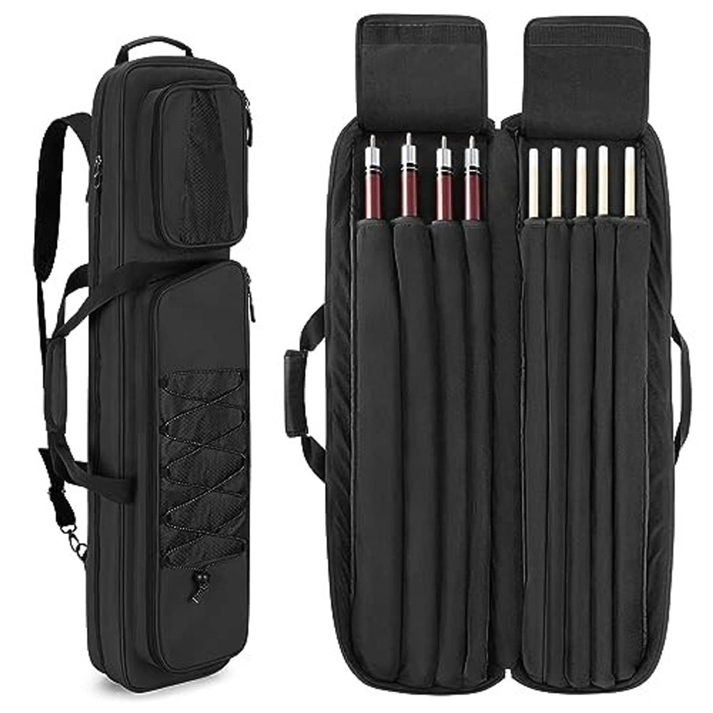 Black pool cue case with shoulder strap and open slots for 4 butts, 5 shafts