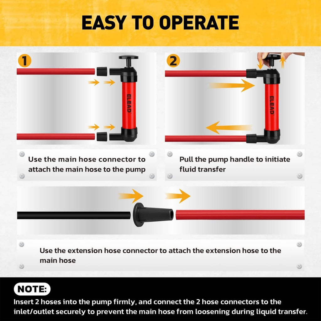 Red and black fluid transfer pump with hose connectors and pull-handle operation steps
