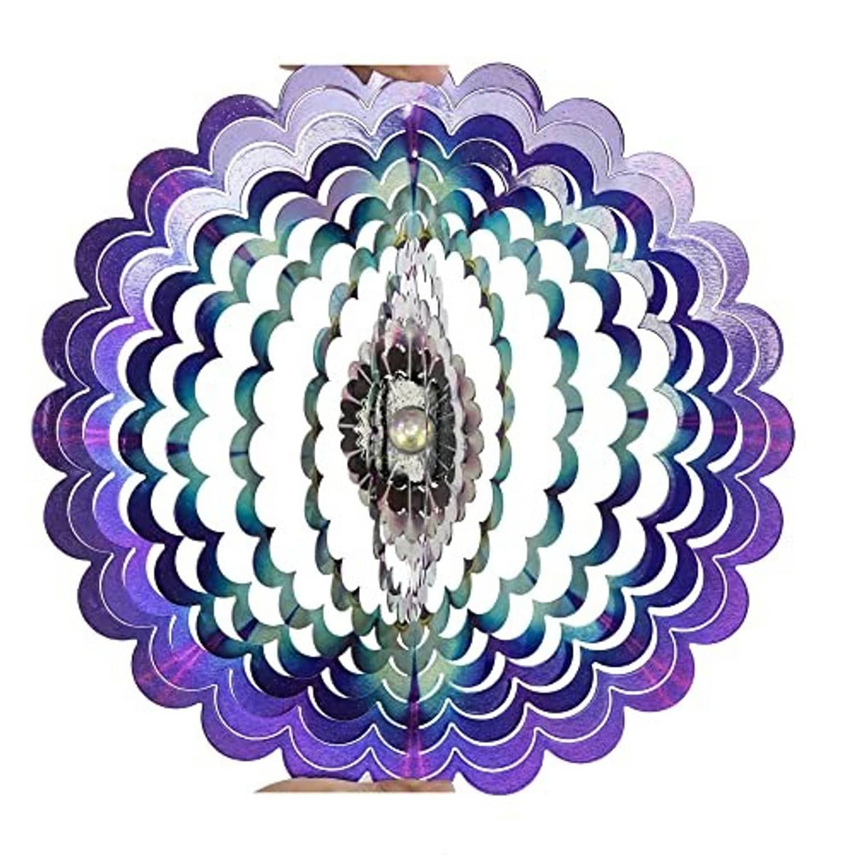 Hanging floral wind spinner with purple and silver scalloped petals and metal center