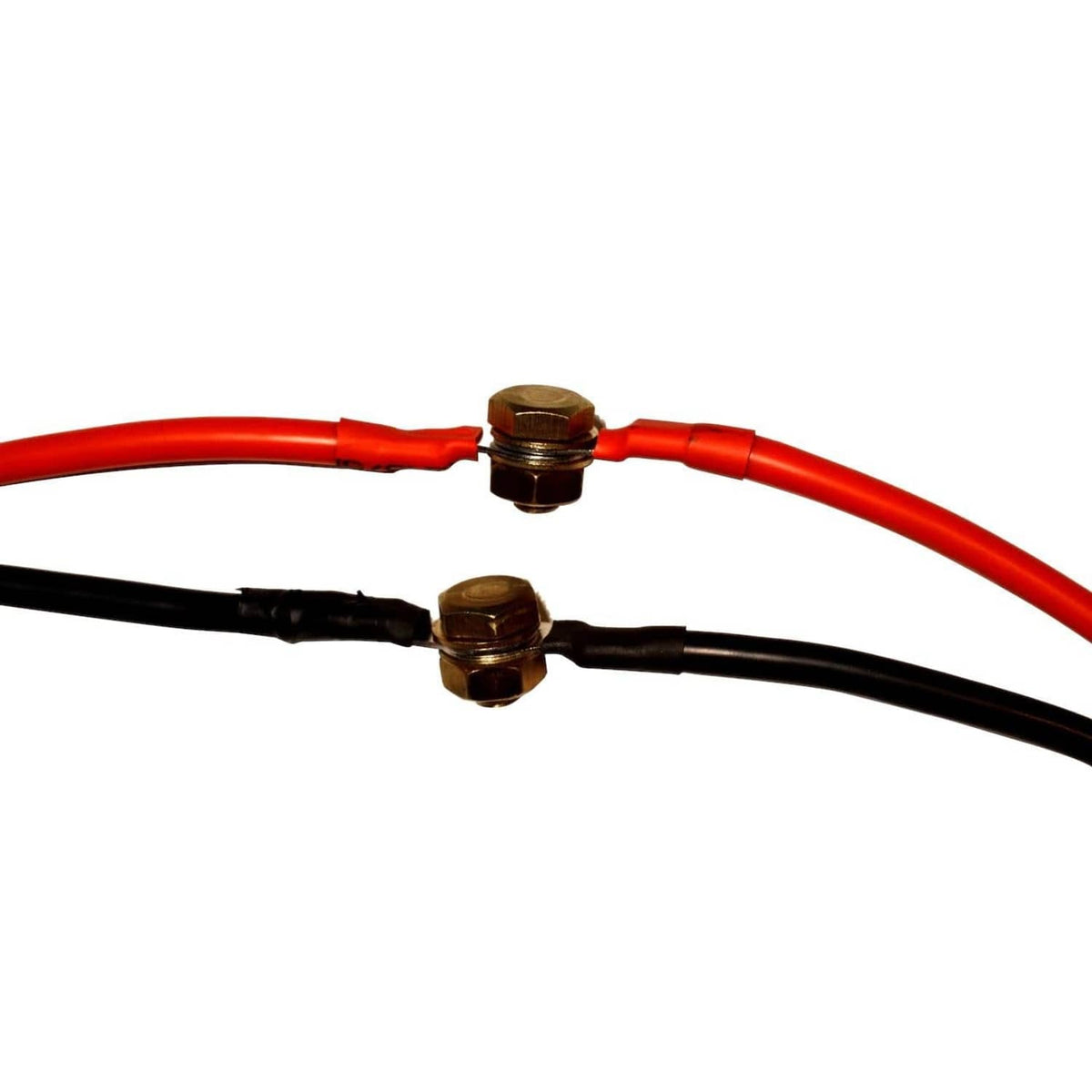 Close-up of red and black battery cable leads with two gold connection ends.
