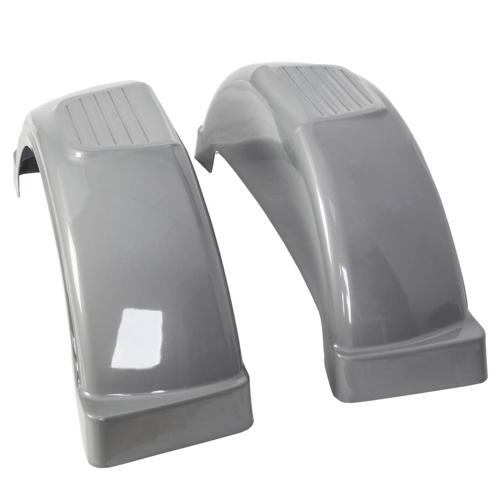 Gray plastic trailer wheel fenders, pair, rectangular base with vented tops