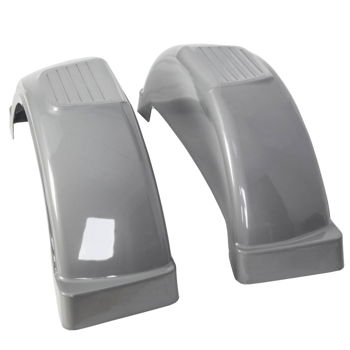 Gray plastic trailer wheel fenders, pair, rectangular base with vented tops