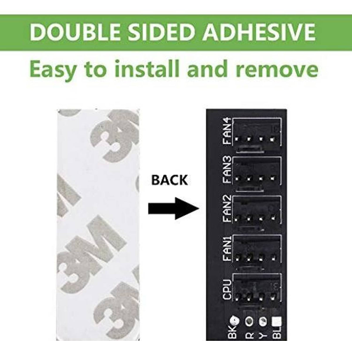 4-pin fan hub splitter board with adhesive backing and multiple fan header ports