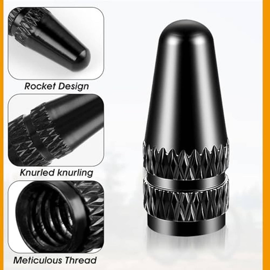 Black Presta valve stem cap with knurled grip, aluminum anodized, single piece