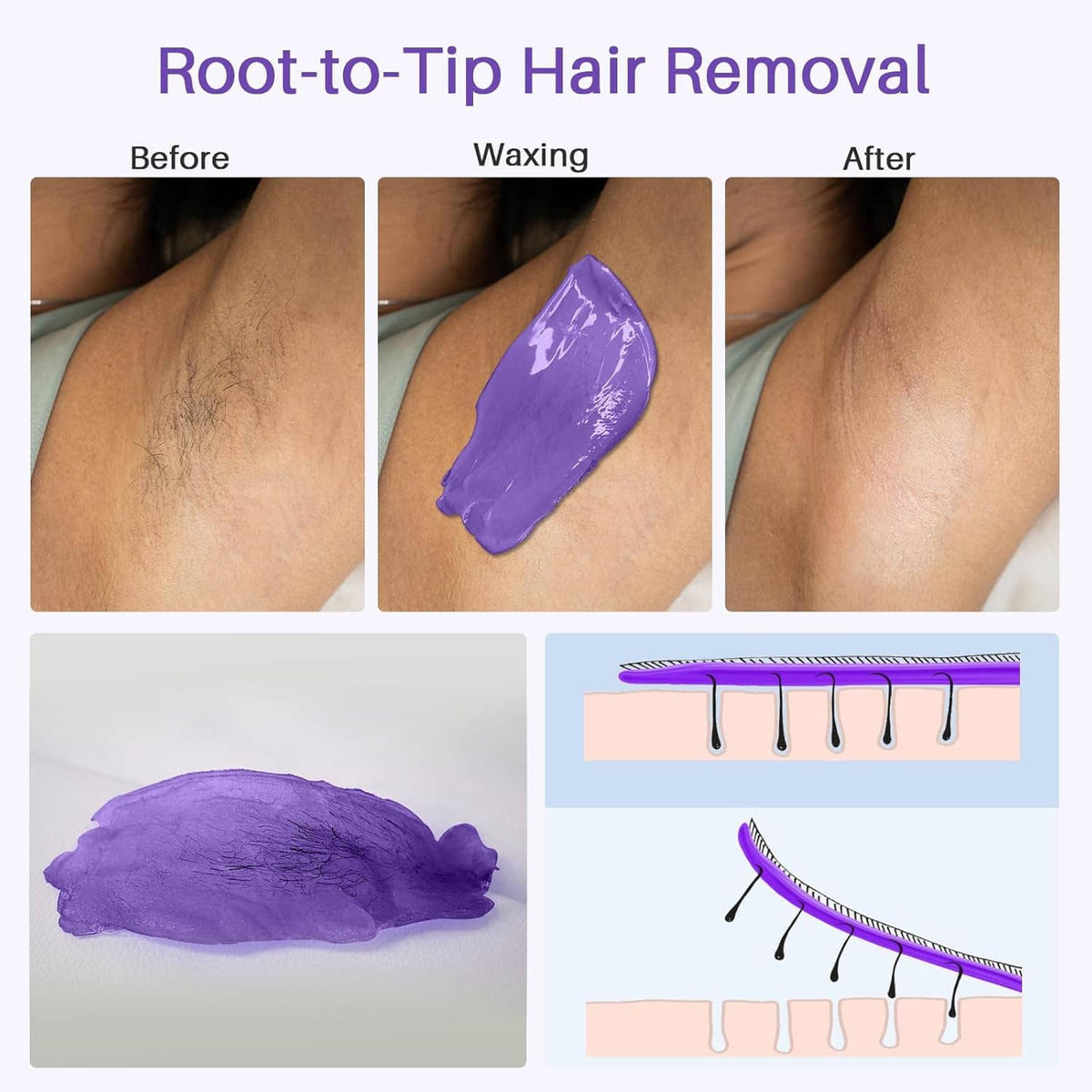 Purple hard wax layer on skin with aftercare-style smooth result comparison