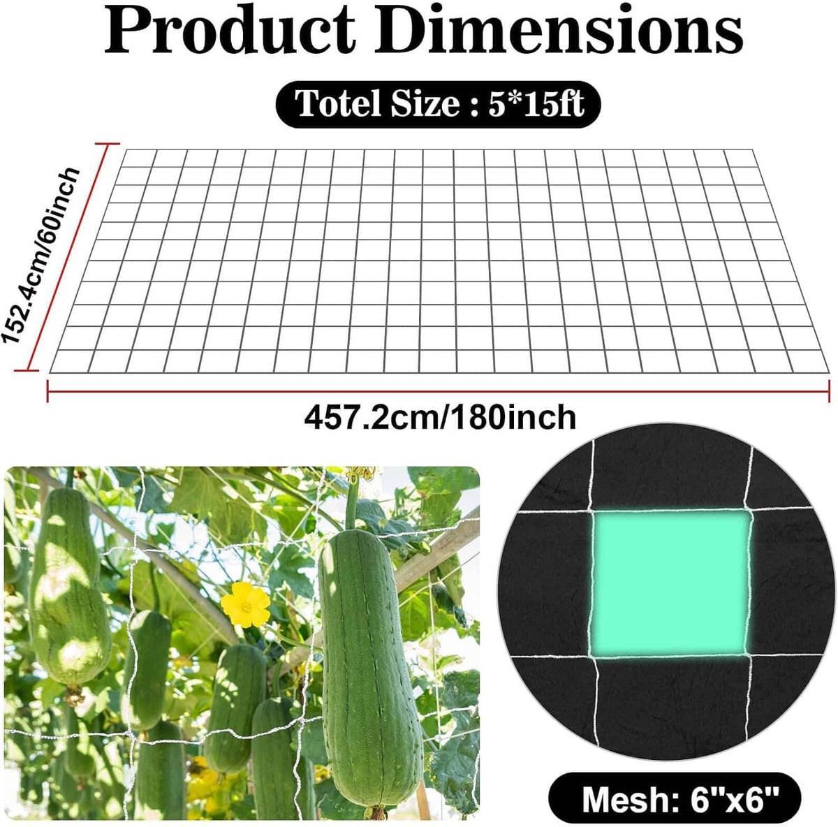 Trellis netting sheet with square grid mesh, shown with size measurement diagram.