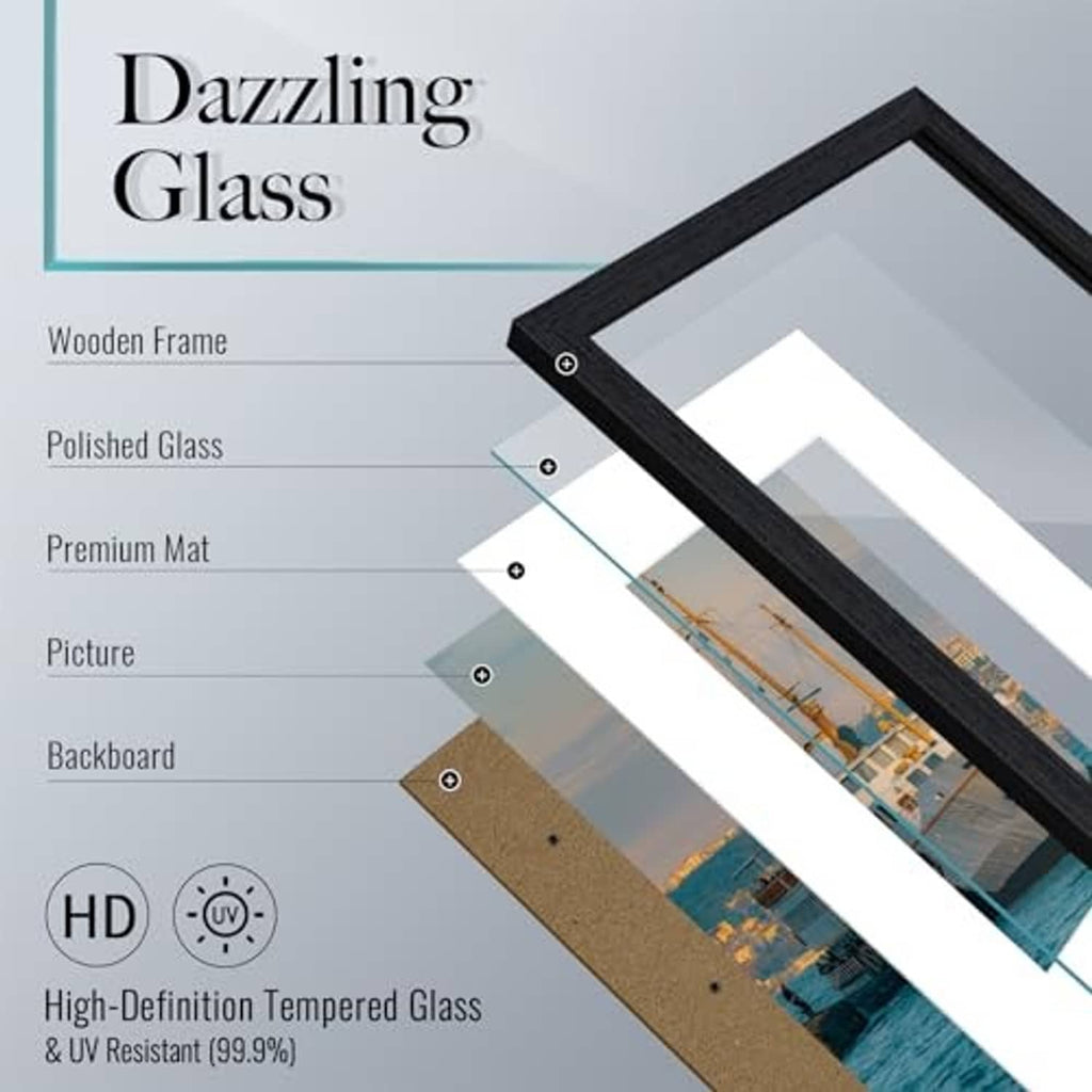 Black wooden picture frame with polished real glass and premium mat insert, component view.