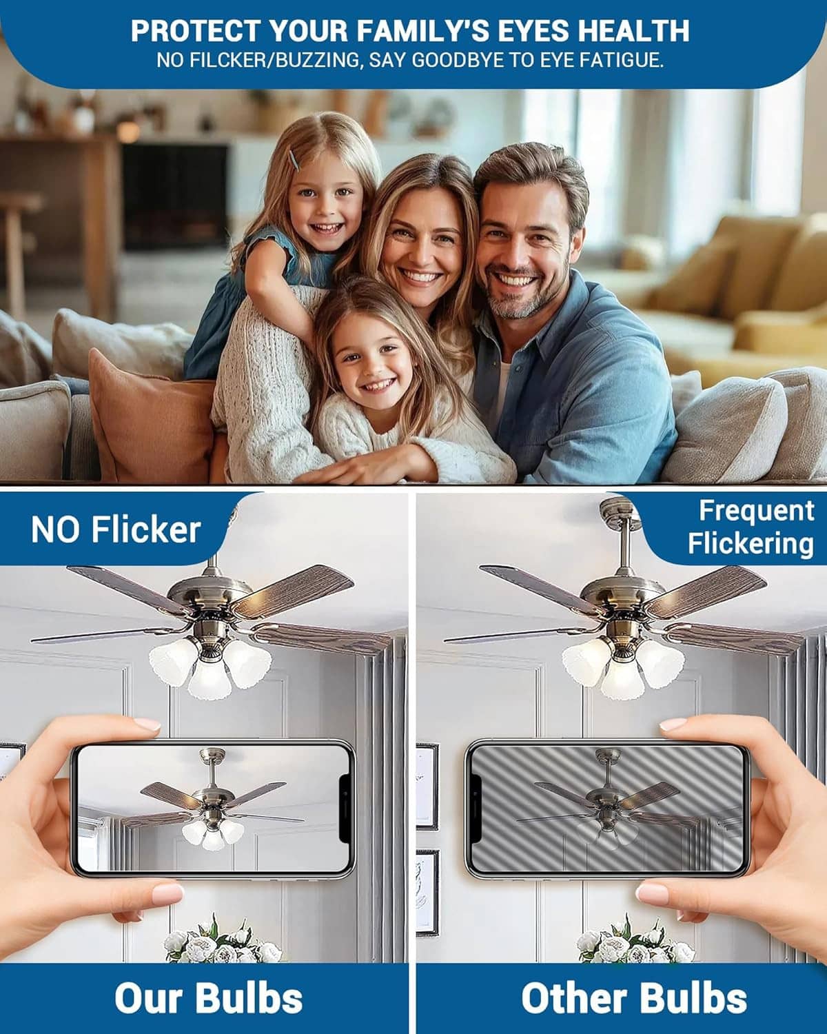 LED candelabra bulb shown in ceiling fan lighting scene with no-flicker message.