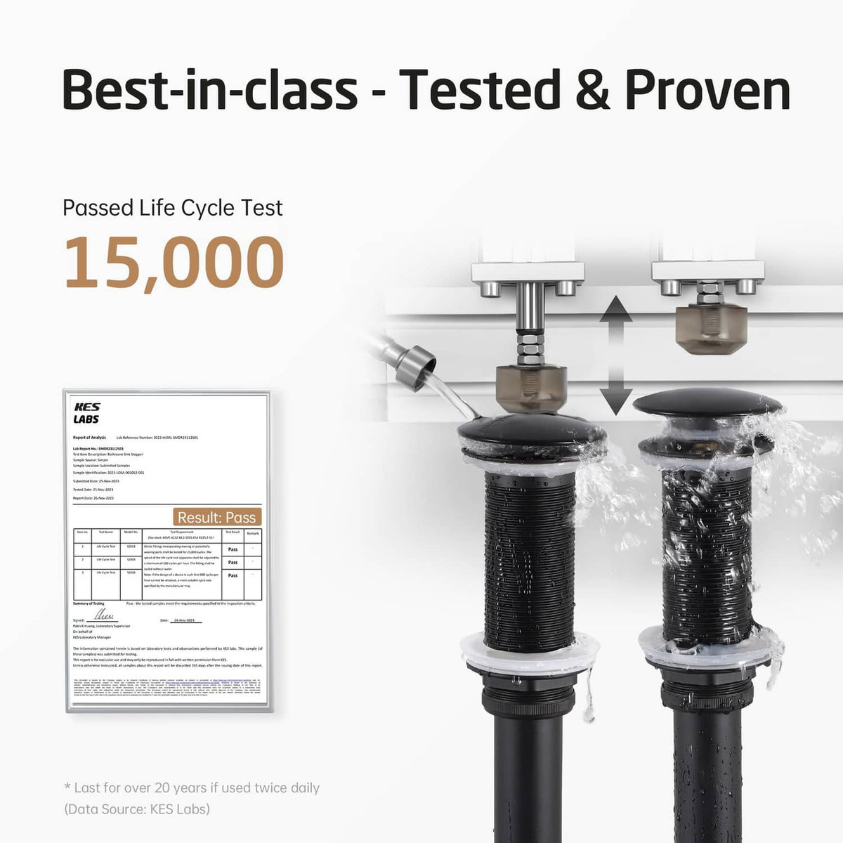 Matte black all-metal pop-up sink drain shown through life-cycle testing