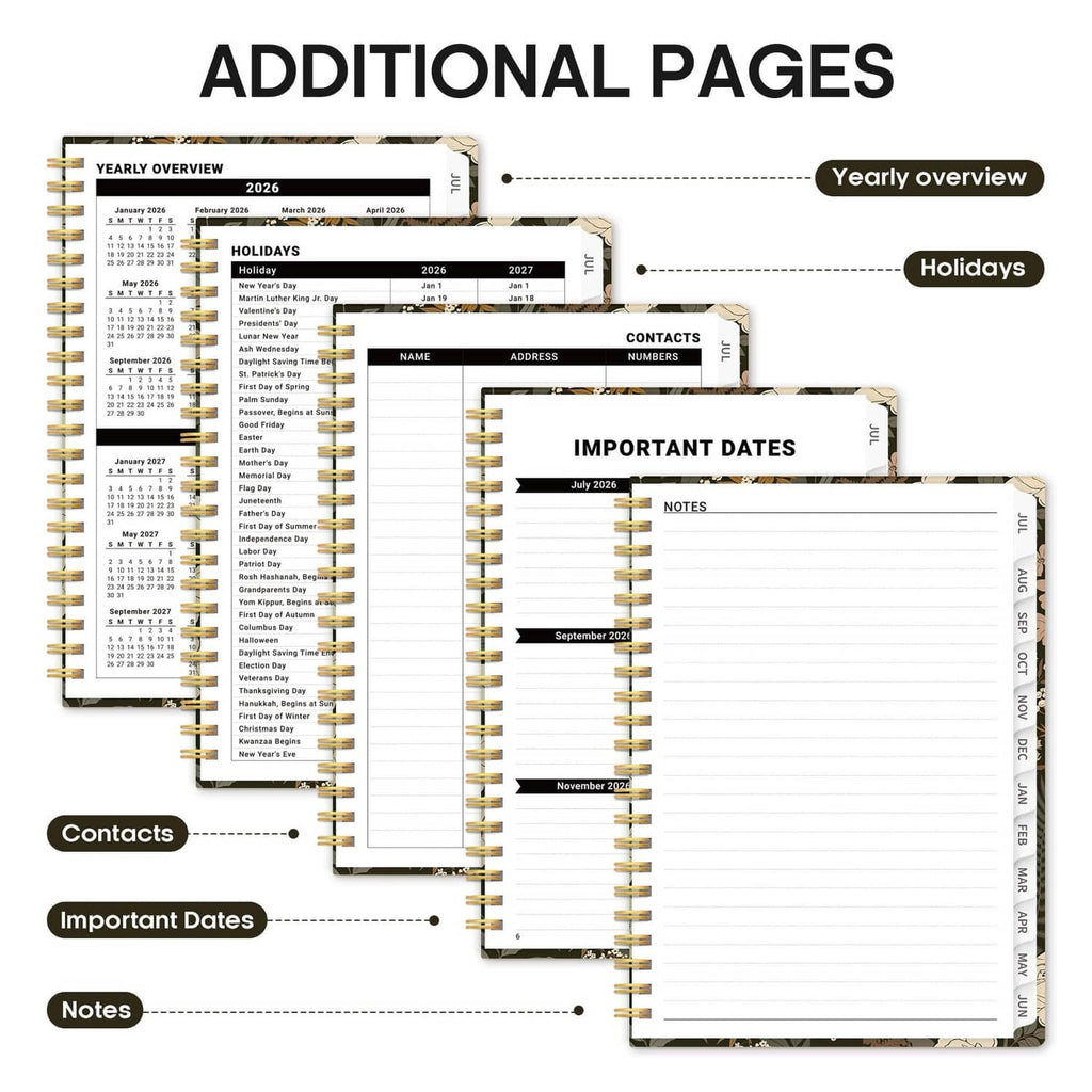 Stack of planner pages with yearly overview, contacts, important dates, and notes sections
