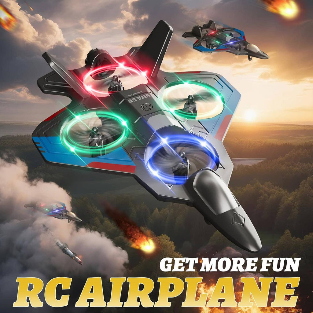 LED RC remote-control airplane with red, green, and blue lights and four rotating propellers