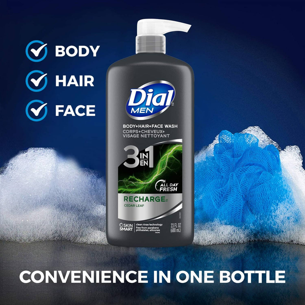 Dial Men body, hair & face wash pump bottle with Body, Hair, Face check icons