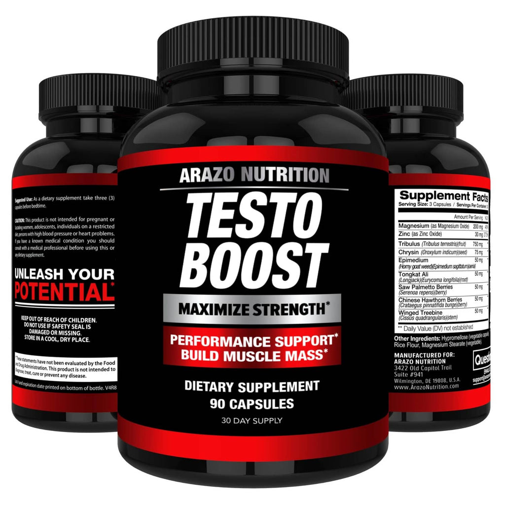 Multiple Arazo Nutrition Testo Boost dietary supplement bottles with red-and-black labels