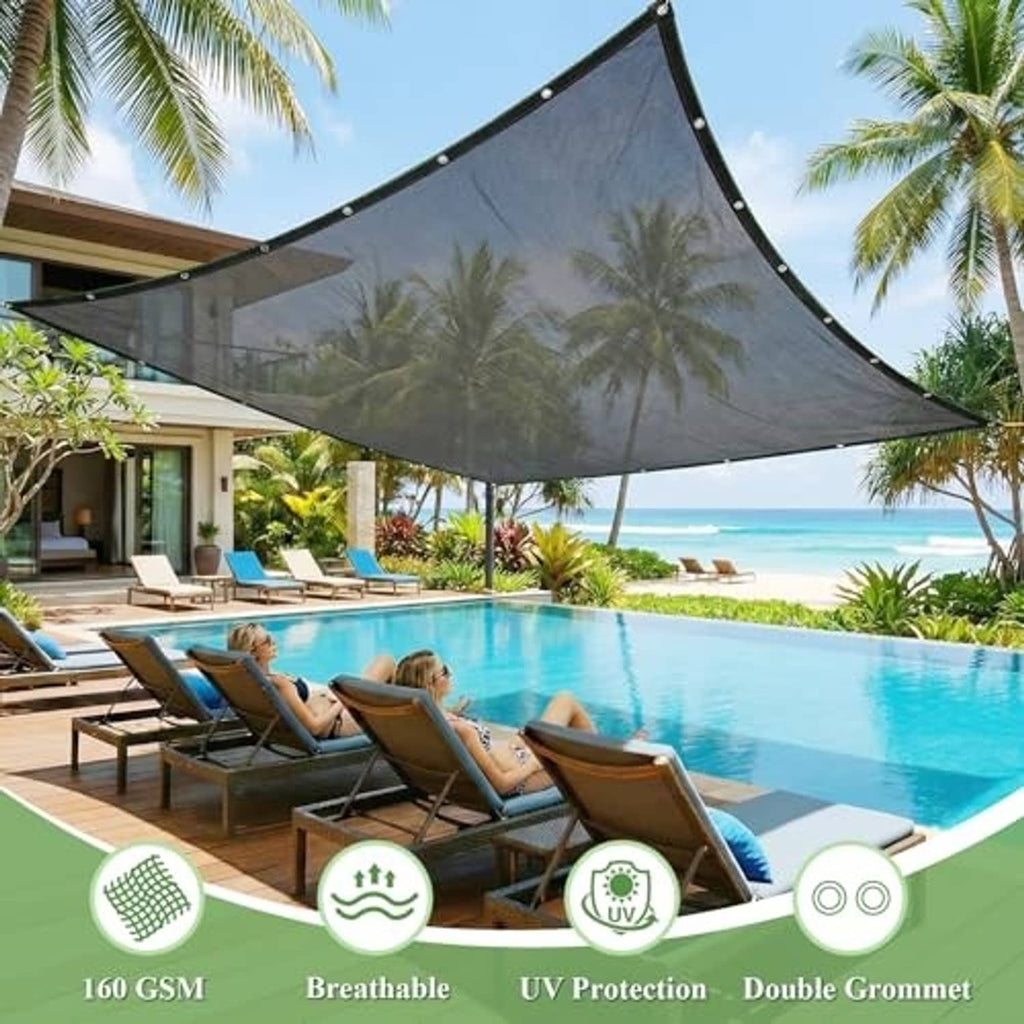Black shade sail-style mesh shade cloth with grommets above pool area