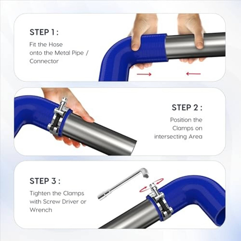 Blue 90-degree hose elbow coupler shown clamped onto a metal pipe connector