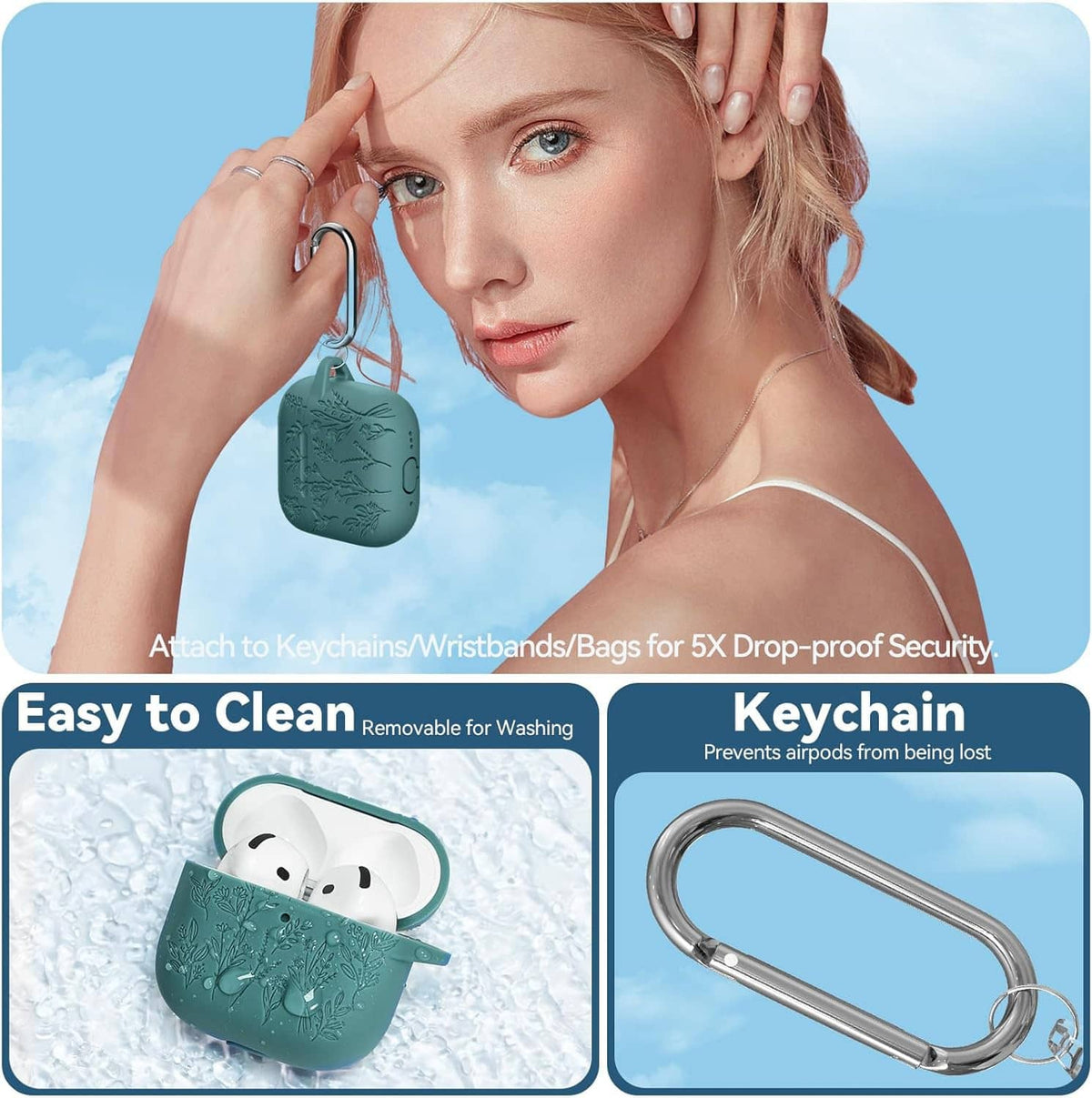 Teal silicone AirPods case with floral engraving and silver keychain carabiner attachment