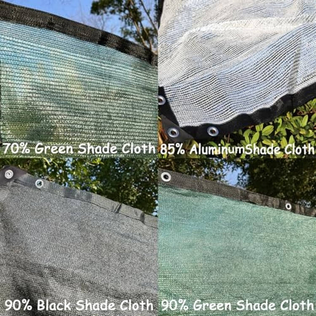 Multiple shade cloth panels in gray and green with black grommeted edges
