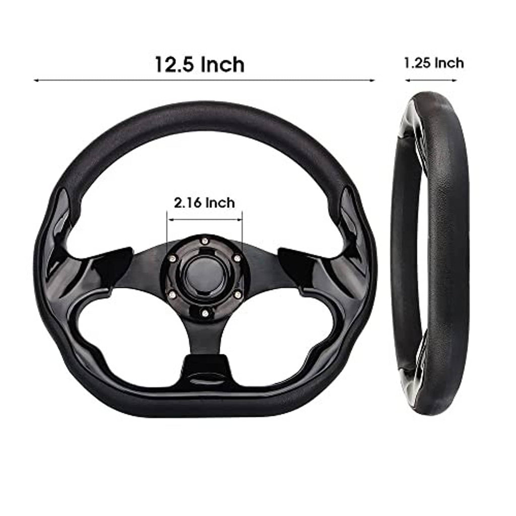 Black D-shape steering wheel with textured rim and round mounting hub, side profile