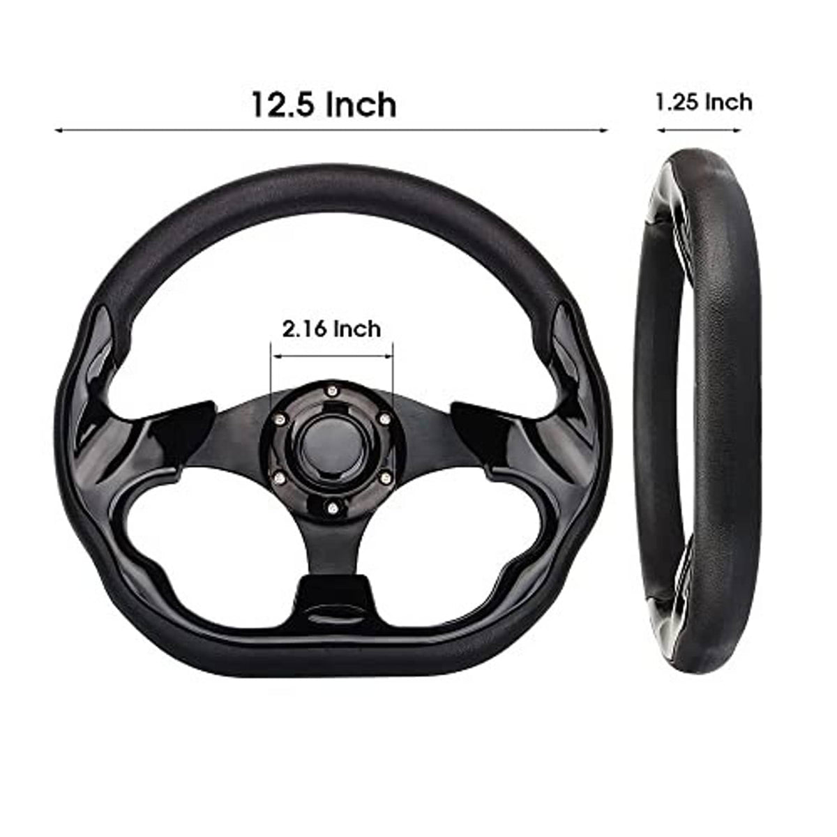 Black D-shape steering wheel with textured rim and round mounting hub, side profile