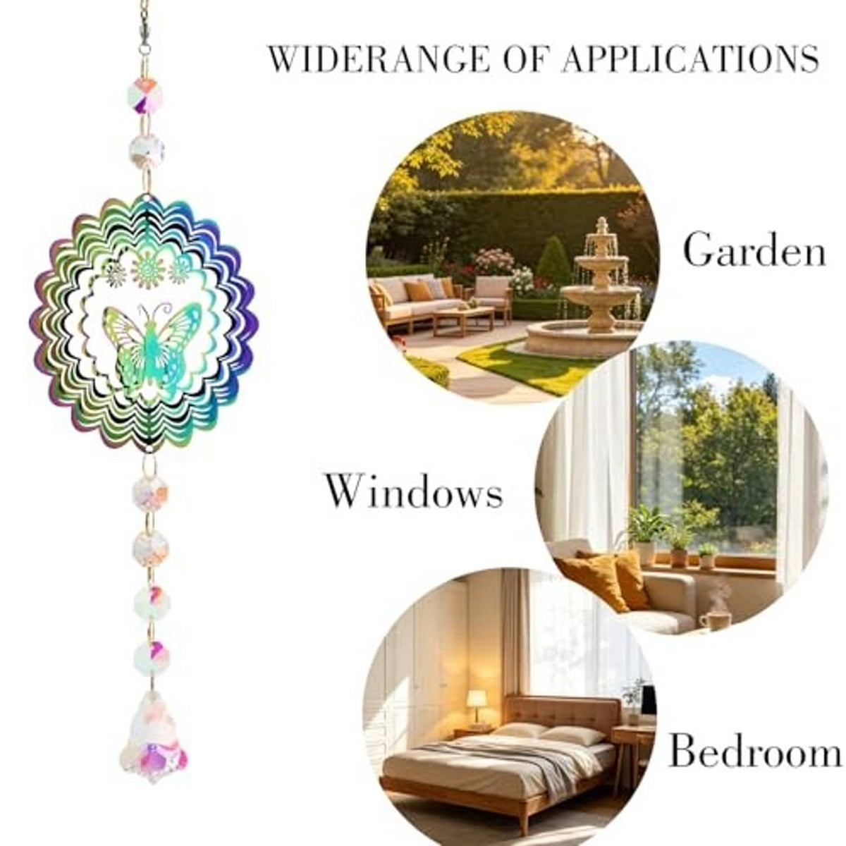 Butterfly crystal wind spinner suncatcher with iridescent scalloped disc and dangling beads