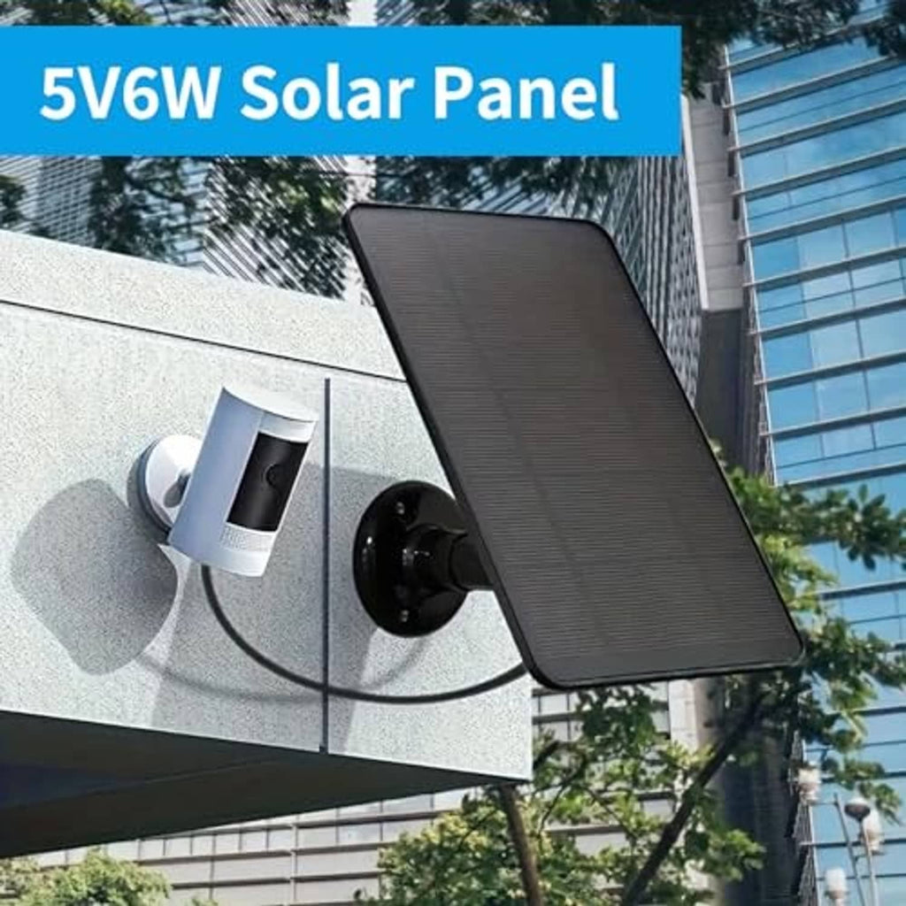 Black solar panel with mount bracket for outdoor Ring camera installation