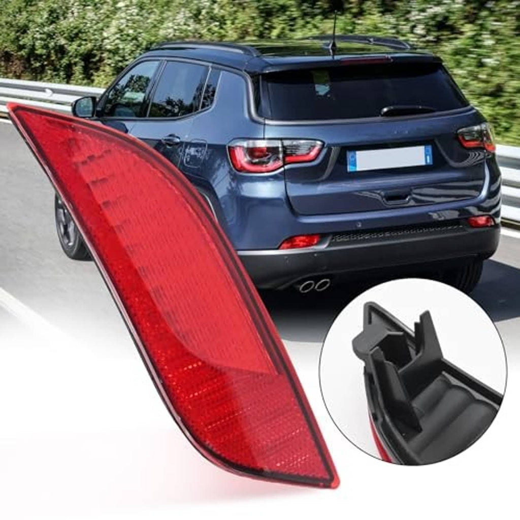 Red left-side rear bumper reflector light with close-up of mounting bracket tabs