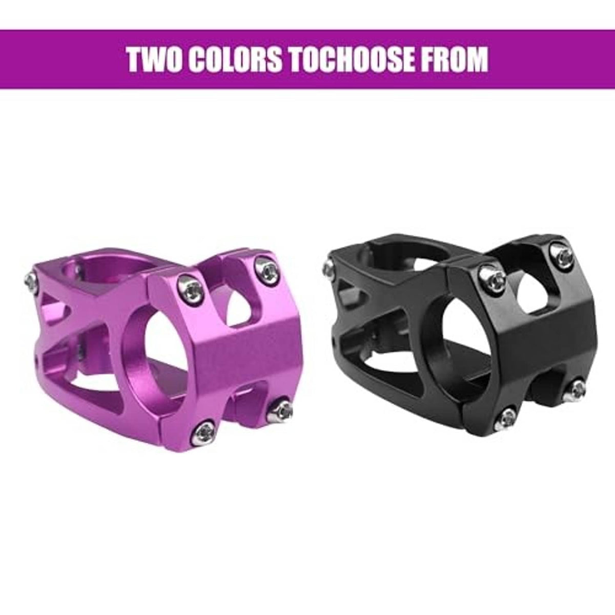 Purple and black aluminum bike stems, each with multi-hole cutouts and four bolts
