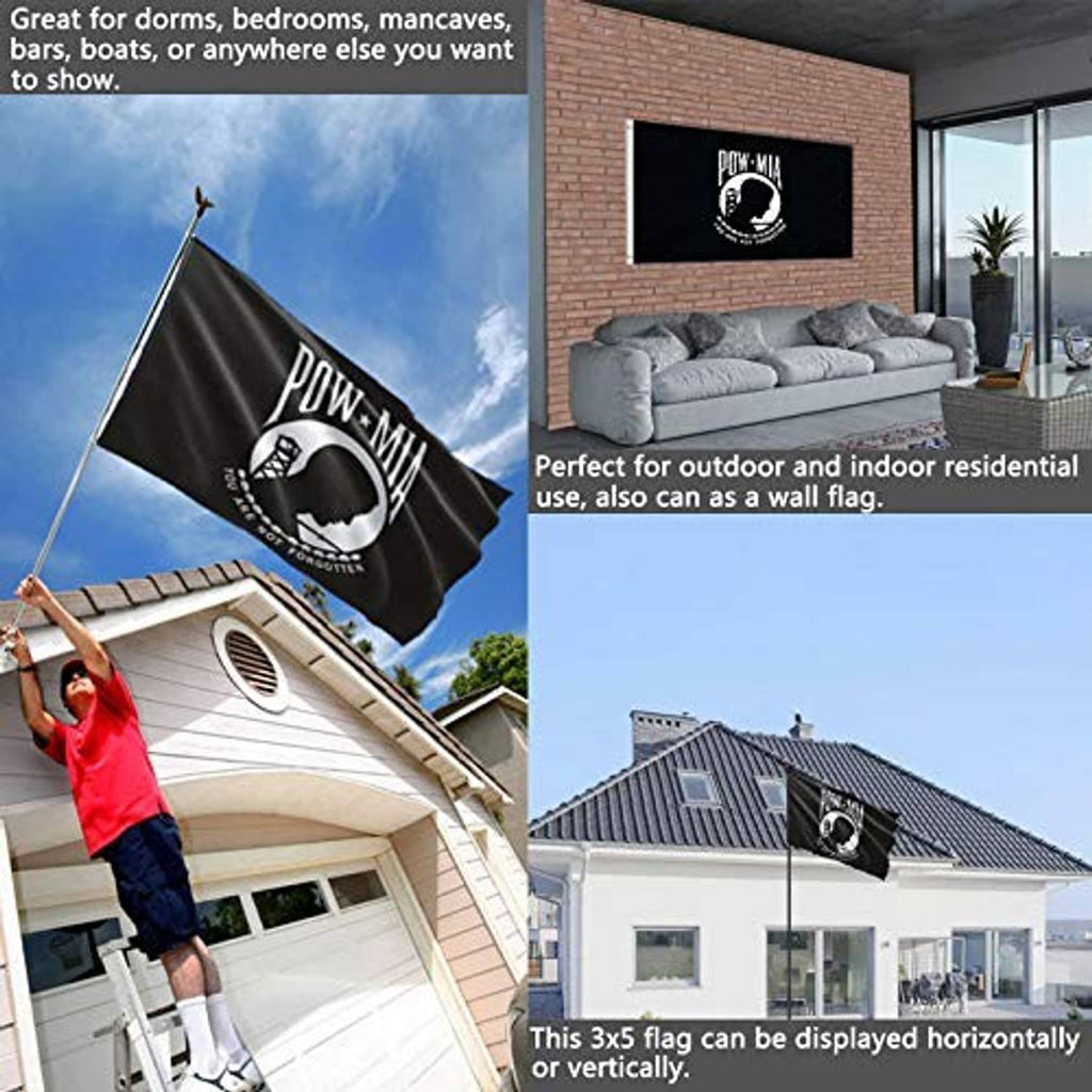 Double-sided POW*MIA nylon flag displayed on a house and on an indoor wall panel