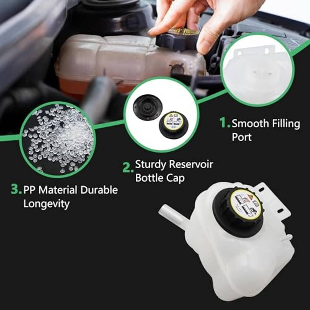 White pressurized coolant reservoir with black cap and molded filling port