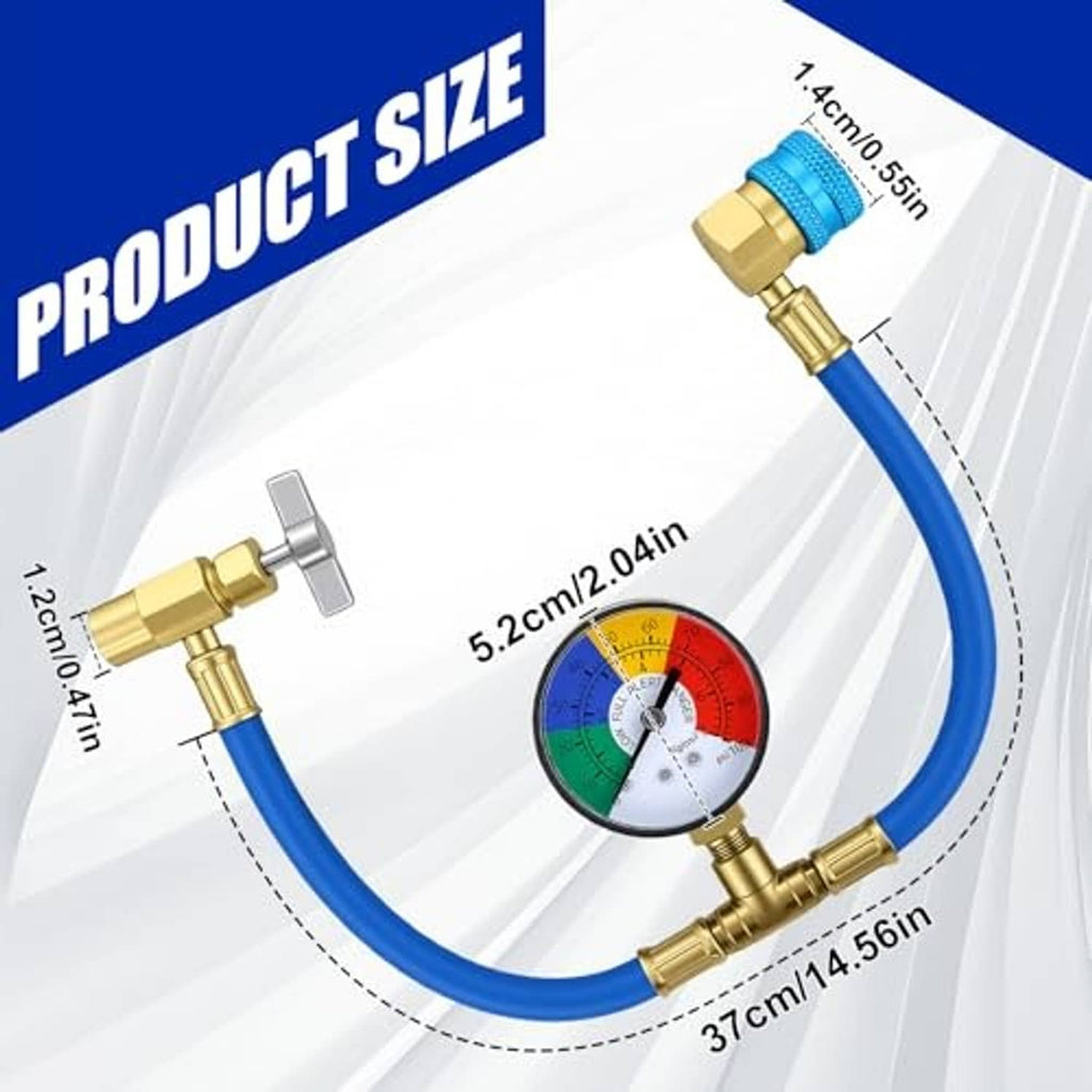 Blue charging hose kit with brass fittings and round pressure gauge