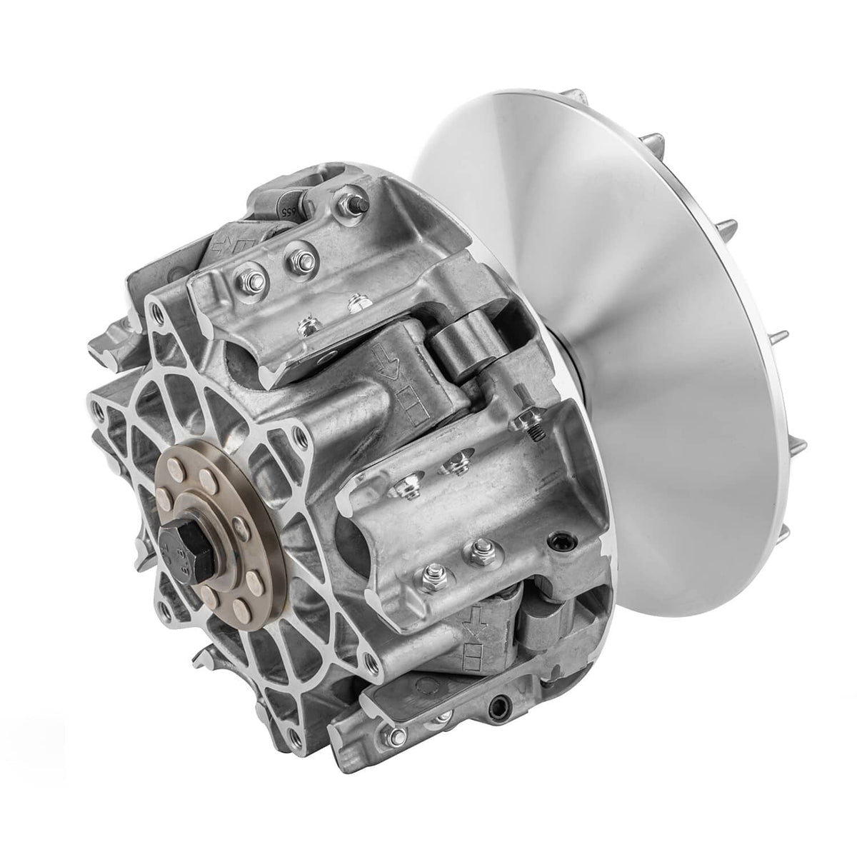 Primary clutch assembly with silver metal housing and large circular cover plate