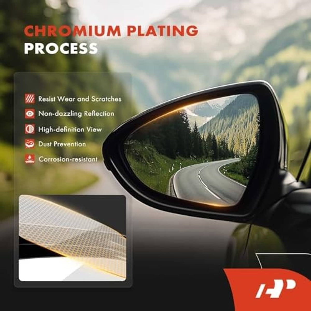 Heated mirror glass with chrome-plated reflective surface for clear long-range view