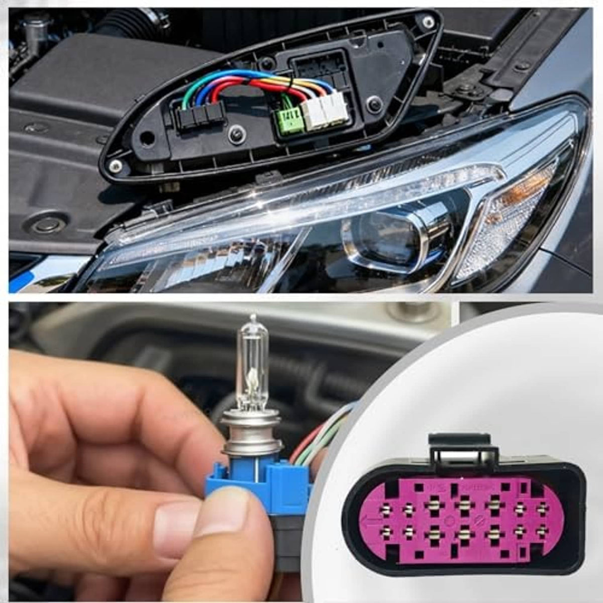 Headlight wiring pigtail connector with purple plug and multicolor wires in car headlight area