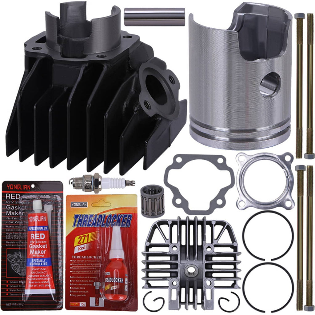Cylinder piston gasket set kit showing black cylinder head, silver piston, gaskets and rods