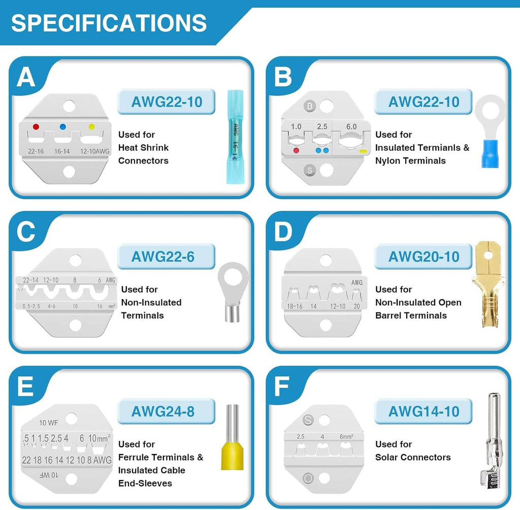 Crimping die chart cards for different wire gauges, with example connector types