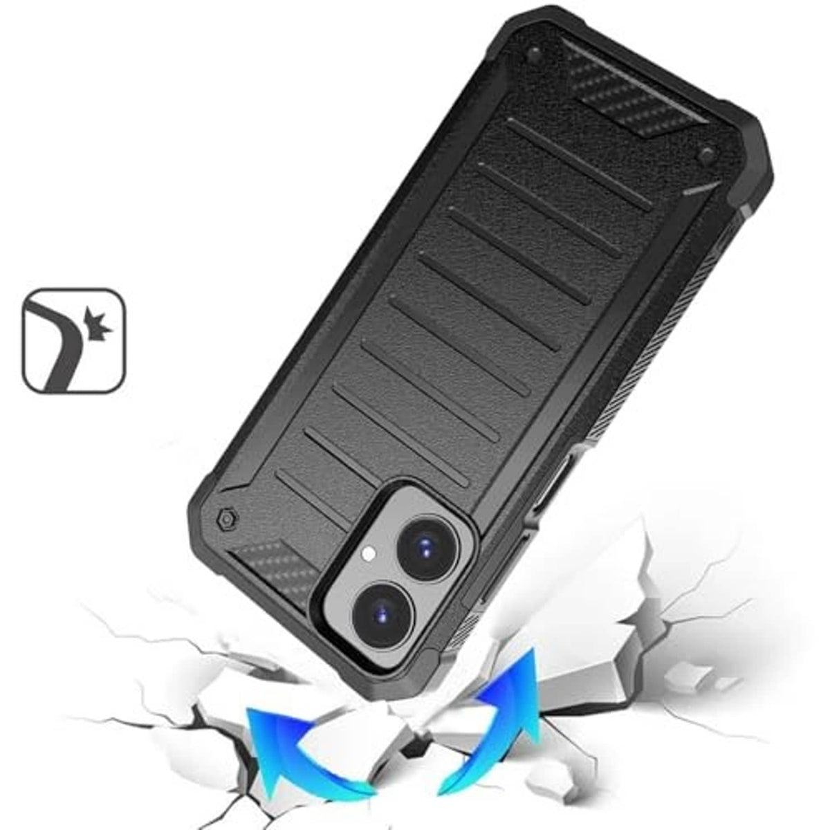 Black rugged phone case with raised camera area and textured back grip