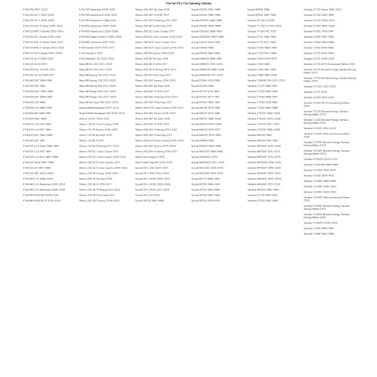 Printed compatibility or specs list page with small text columns