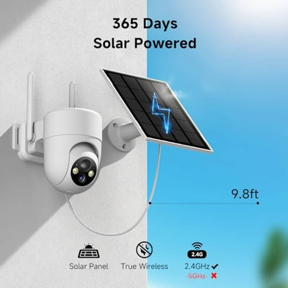Wall-mounted white outdoor security camera with solar panel, wireless dome lens