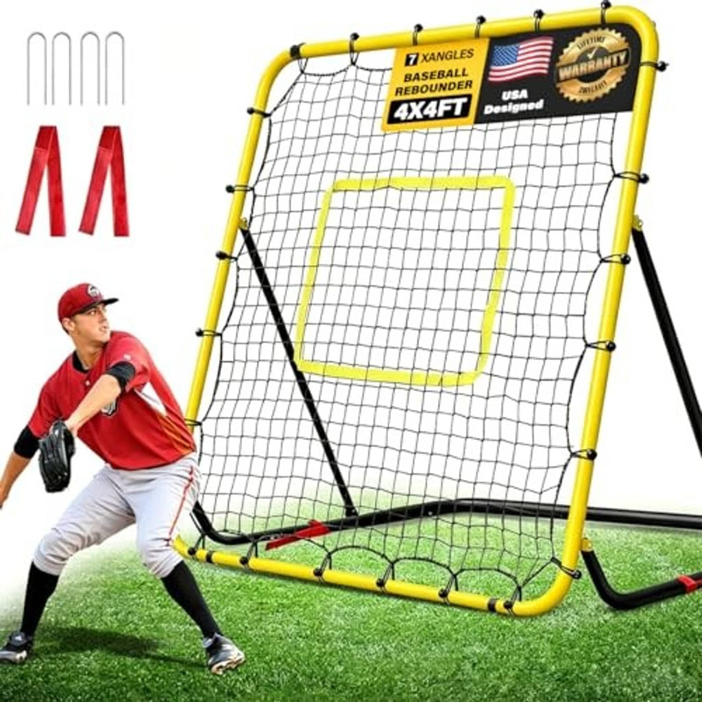 Yellow foldable baseball rebounder net with white mesh and green target square, black legs