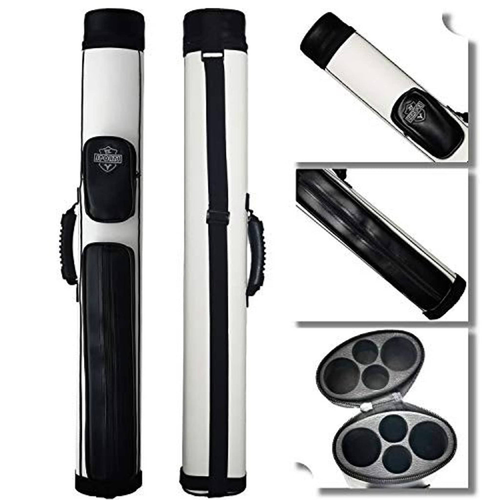Hard oval billiard cue carrying case, white body with black caps and protective sleeves
