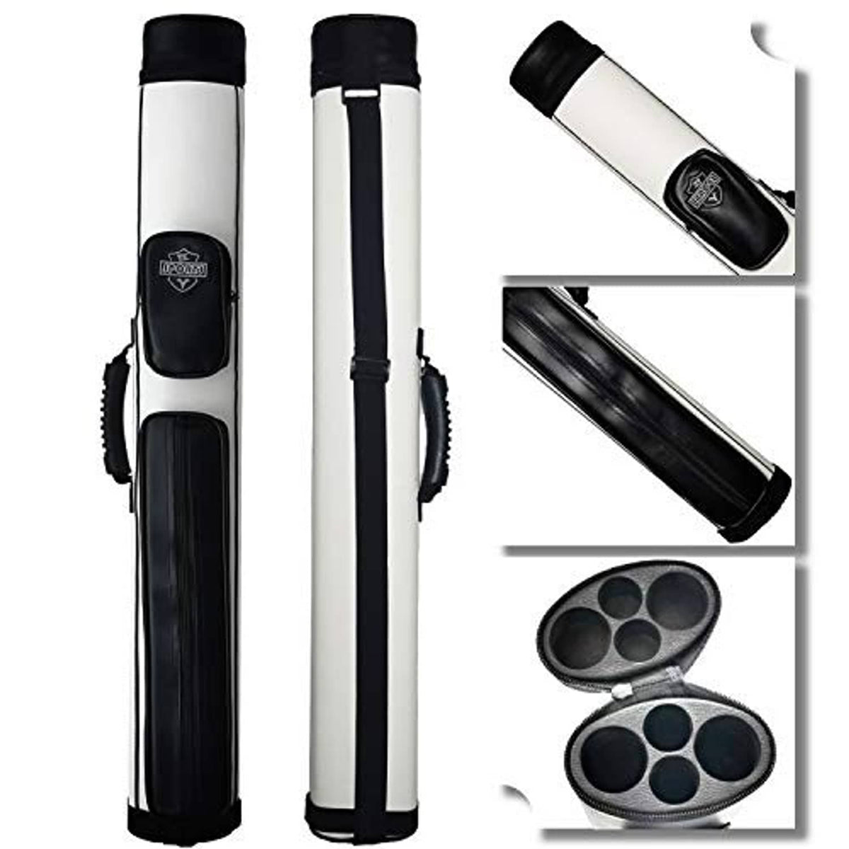 Hard oval billiard cue carrying case, white body with black caps and protective sleeves